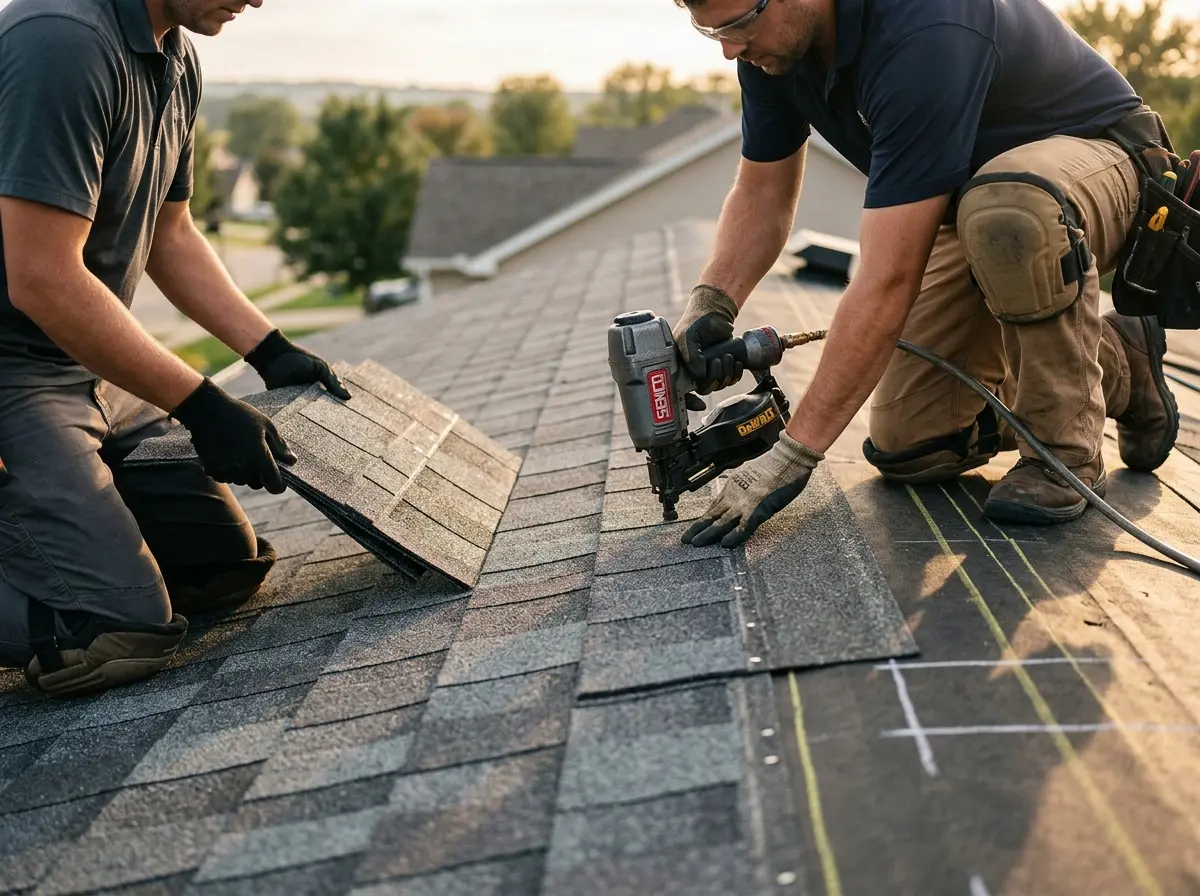 Professional roofer working on a residential roof in Bound Brook